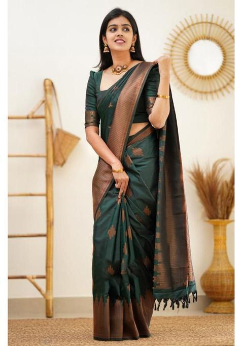Green Woven Silk Blend Saree Set