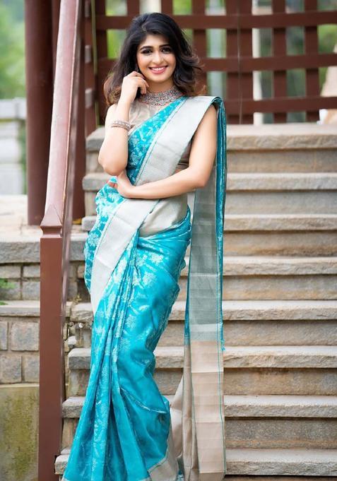 Aqua Woven Silk Blend Saree Set