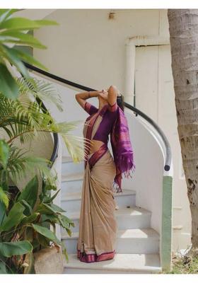 Beige Printed Jacquard Saree Set