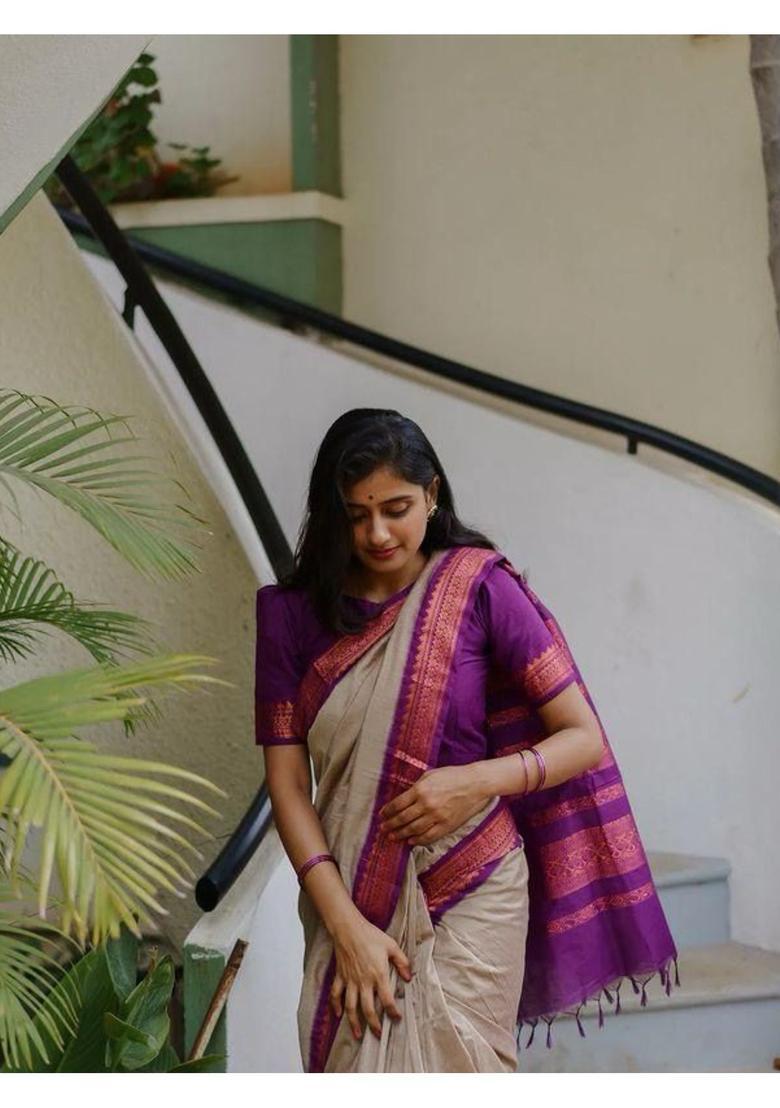 Beige Printed Jacquard Saree Set - Indya
