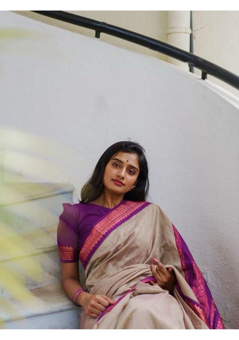Beige Printed Jacquard Saree Set - Indya