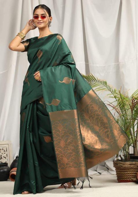 Green Woven Silk Blend Saree Set