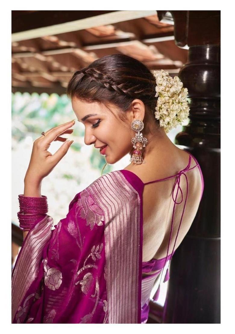 Magenta Woven Silk Blend Saree Set - Indya
