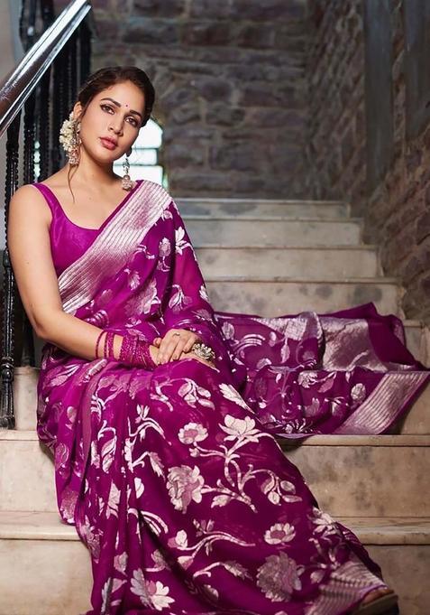 Magenta Woven Silk Blend Saree Set