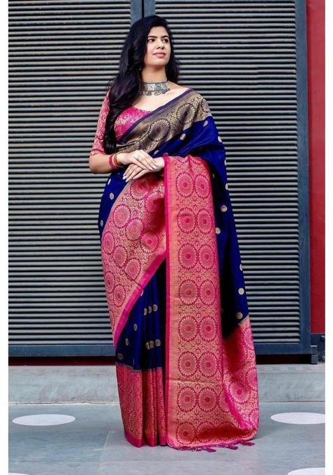 Blue Woven Silk Blend Saree Set