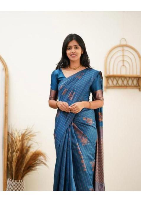 Teal Printed Jacquard Saree Set