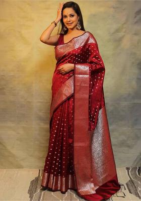 Maroon Woven Jacquard Saree Set