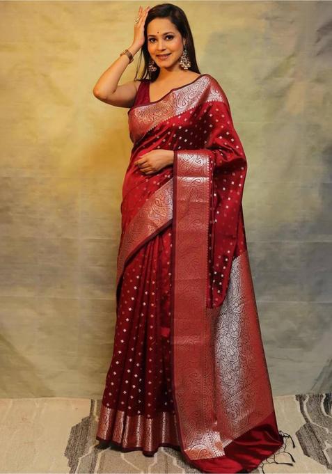 Maroon Woven Jacquard Saree Set