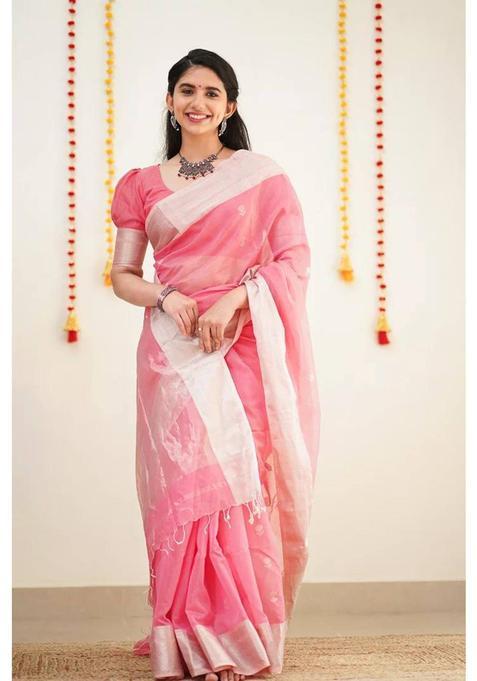 Pink Woven Silk Saree Set