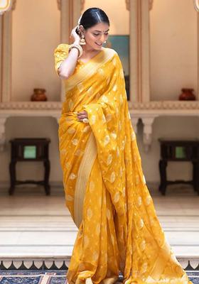 Yellow Woven Silk Blend Saree Set