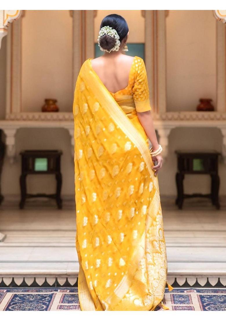 Yellow Woven Silk Blend Saree Set - Indya