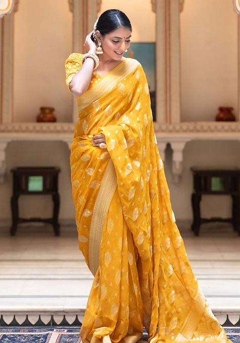 Yellow Woven Silk Blend Saree Set