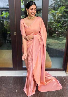 Pink Woven Jacquard Saree Set