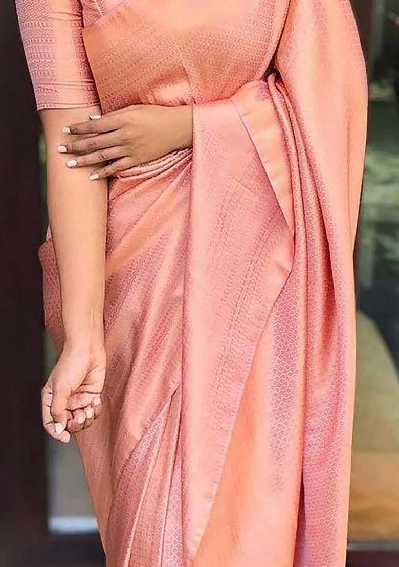 Pink Woven Jacquard Saree Set - Indya