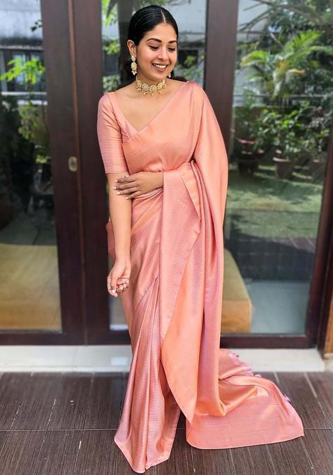 Pink Woven Jacquard Saree Set