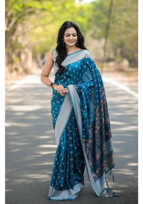 Blue Woven Jacquard Saree Set