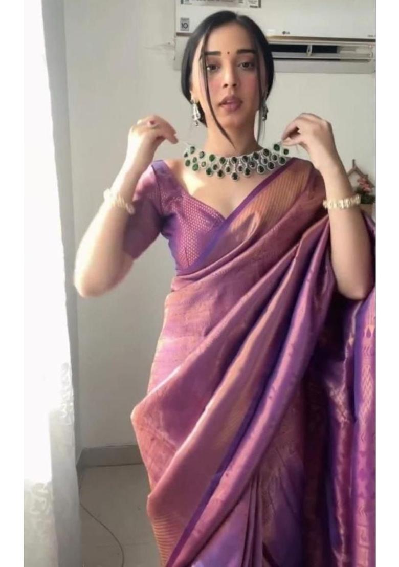 Purple Woven Jacquard Saree Set - Indya