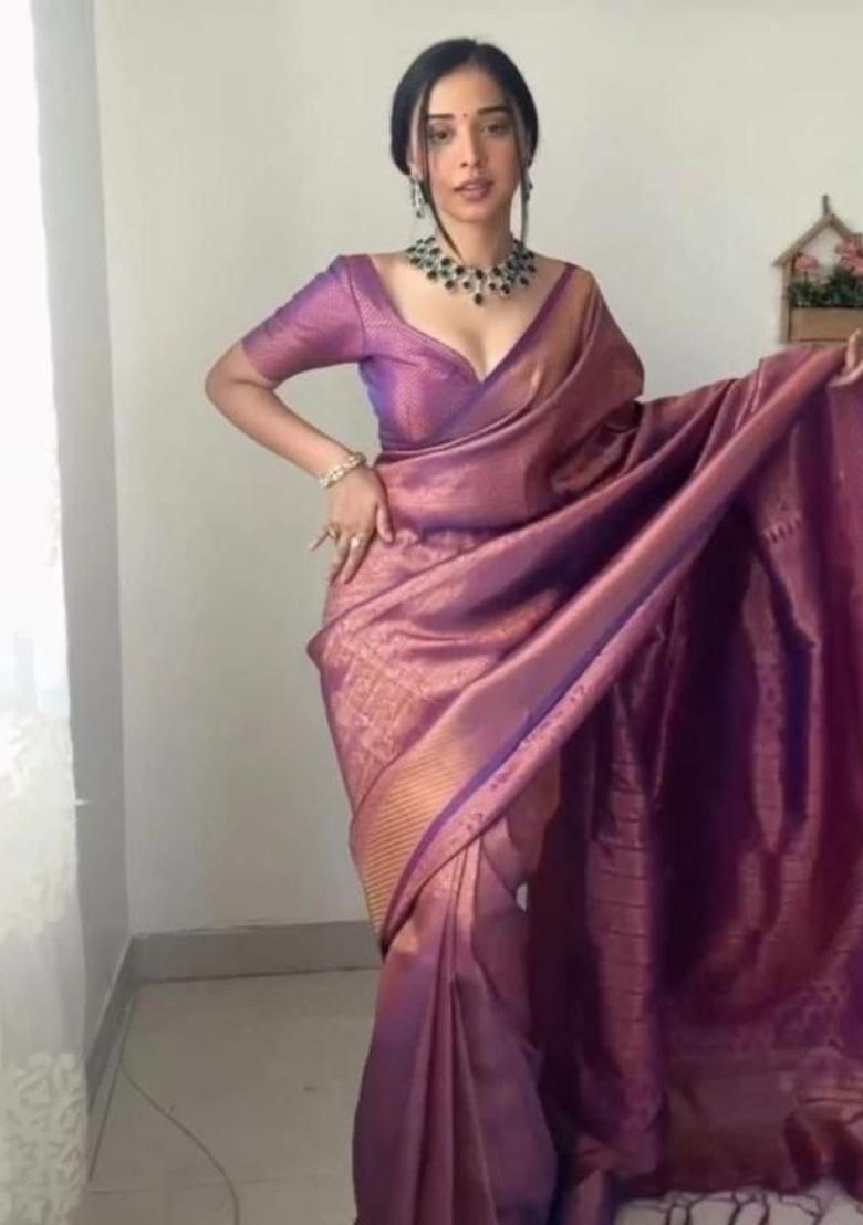Purple Woven Jacquard Saree Set - Indya