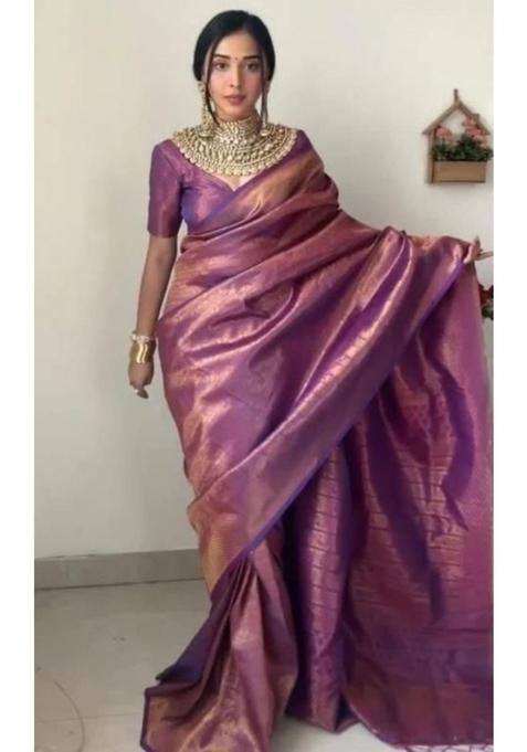Purple Woven Jacquard Saree Set