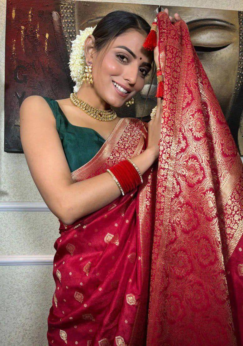 Pink Woven Silk Blend Saree Set - Indya