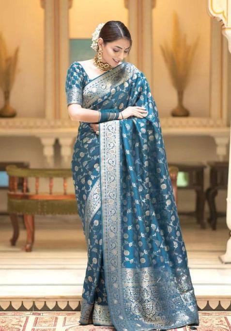 Green Woven Silk Blend Saree Set