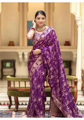 Purple Printed Jacquard Saree Set