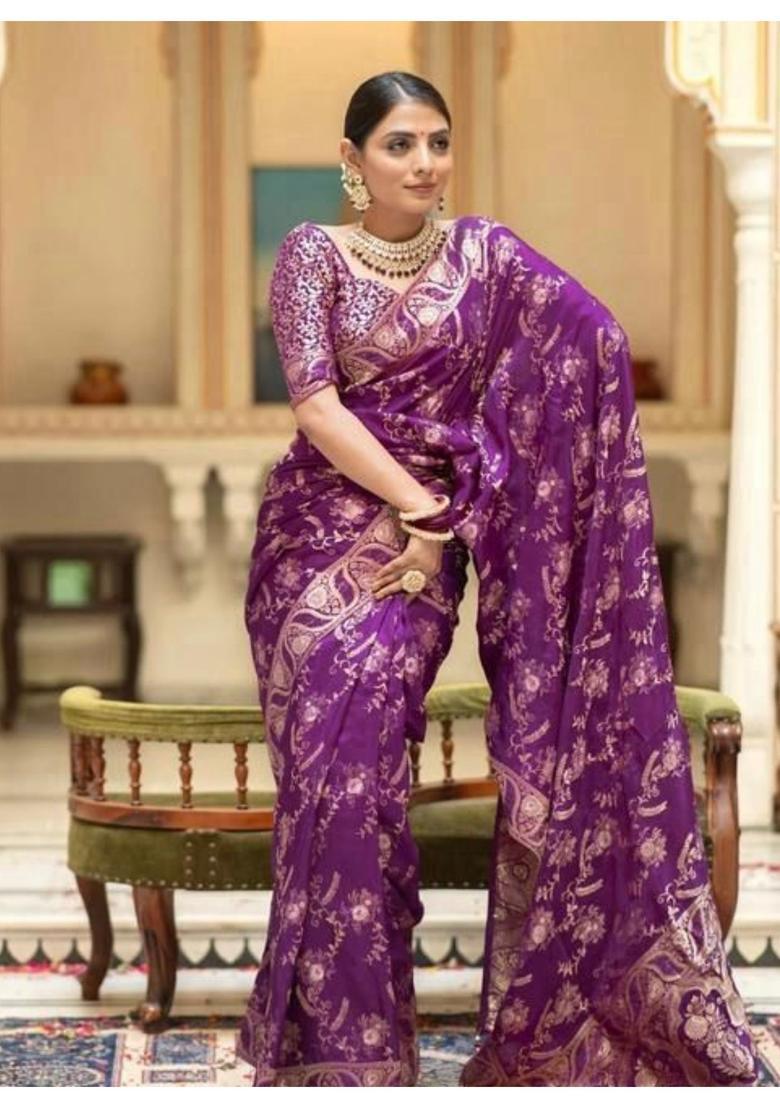 Purple Printed Jacquard Saree Set - Indya