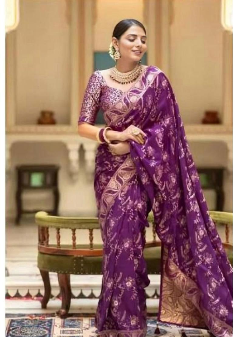 Purple Printed Jacquard Saree Set - Indya