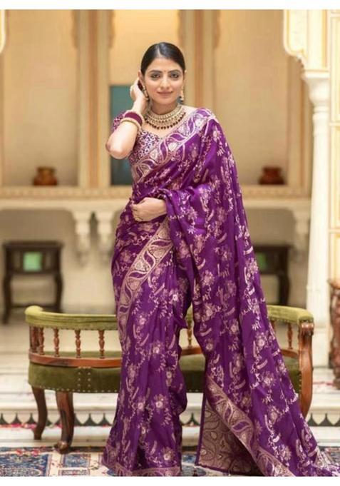 Purple Printed Jacquard Saree Set