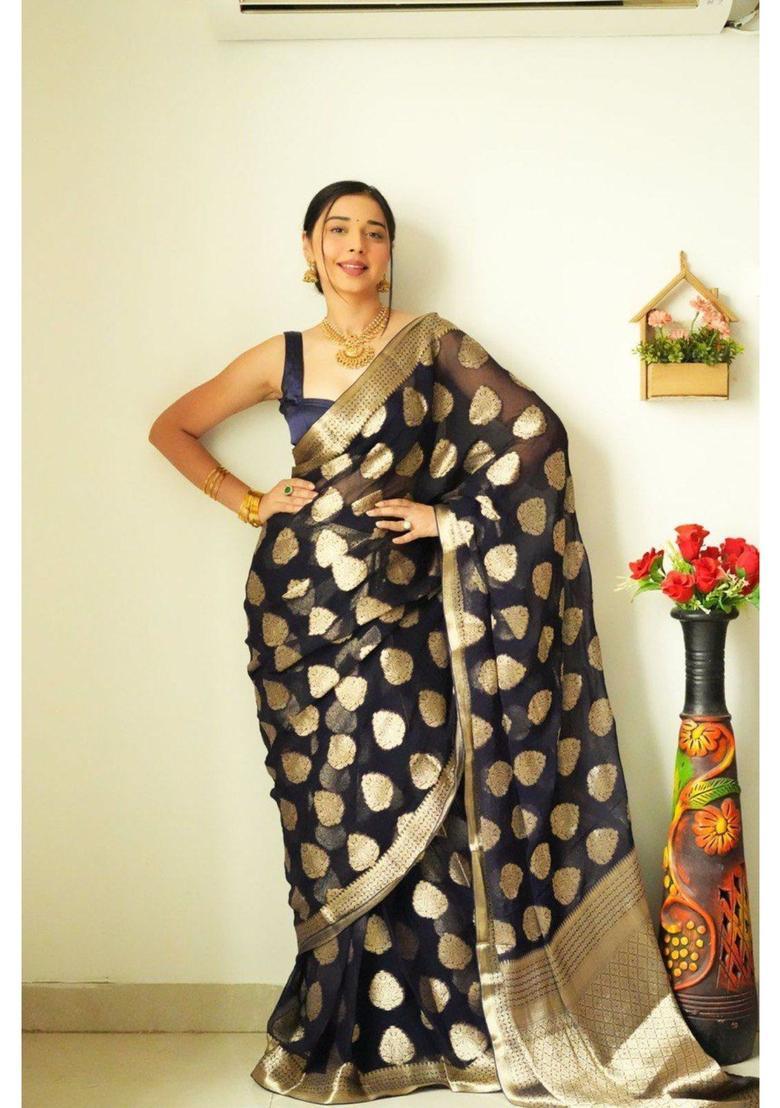 Black Woven Jacquard Saree Set - Indya