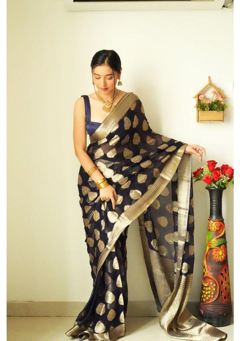 Black Woven Jacquard Saree Set - Indya