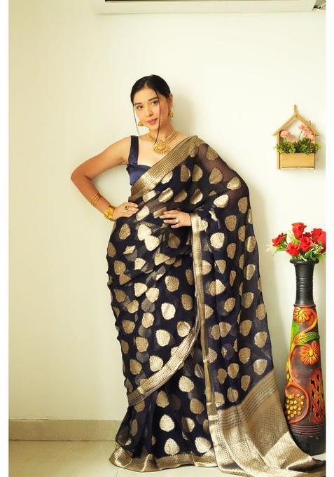 Black Woven Jacquard Saree Set