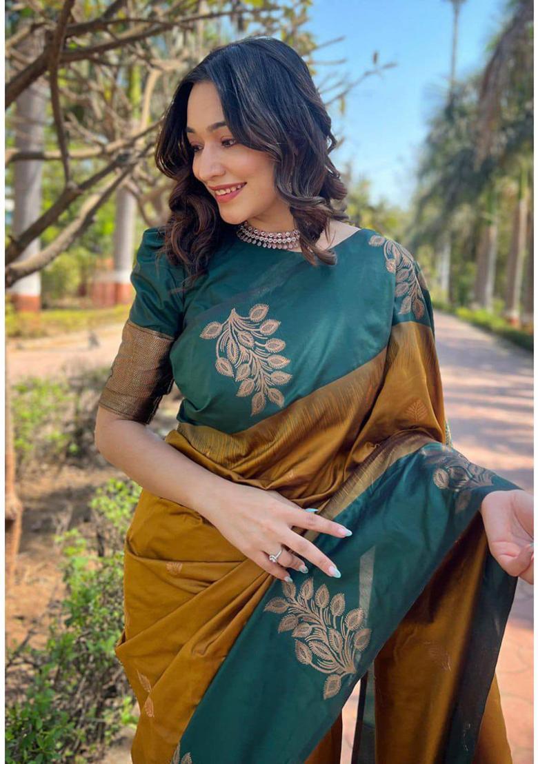 Mustard Woven Jacquard Saree Set - Indya