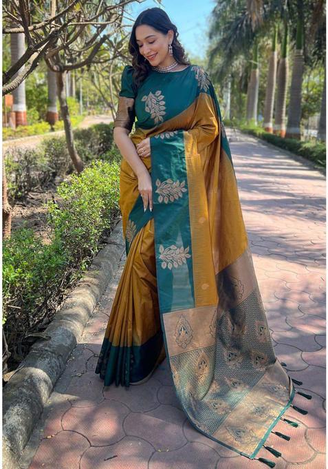 Mustard Woven Jacquard Saree Set