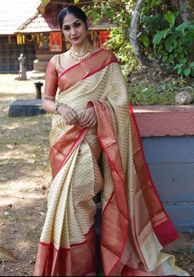 Cream Woven Jacquard Saree Set
