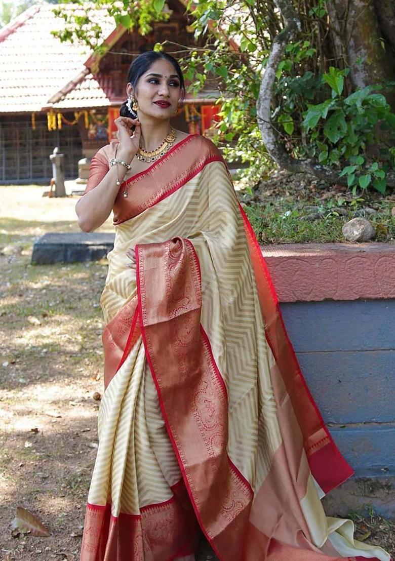 Cream Woven Jacquard Saree Set - Indya