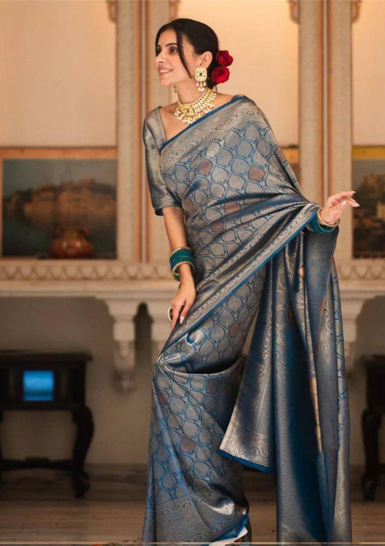 Blue Woven Jacquard Saree Set - Indya