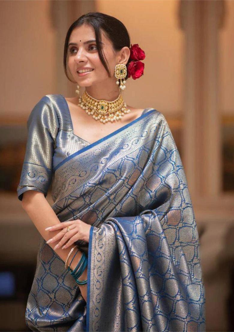 Blue Woven Jacquard Saree Set - Indya