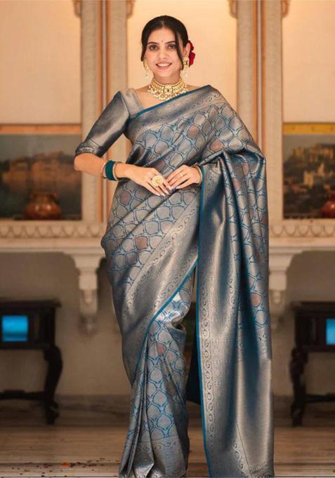 Blue Woven Jacquard Saree Set