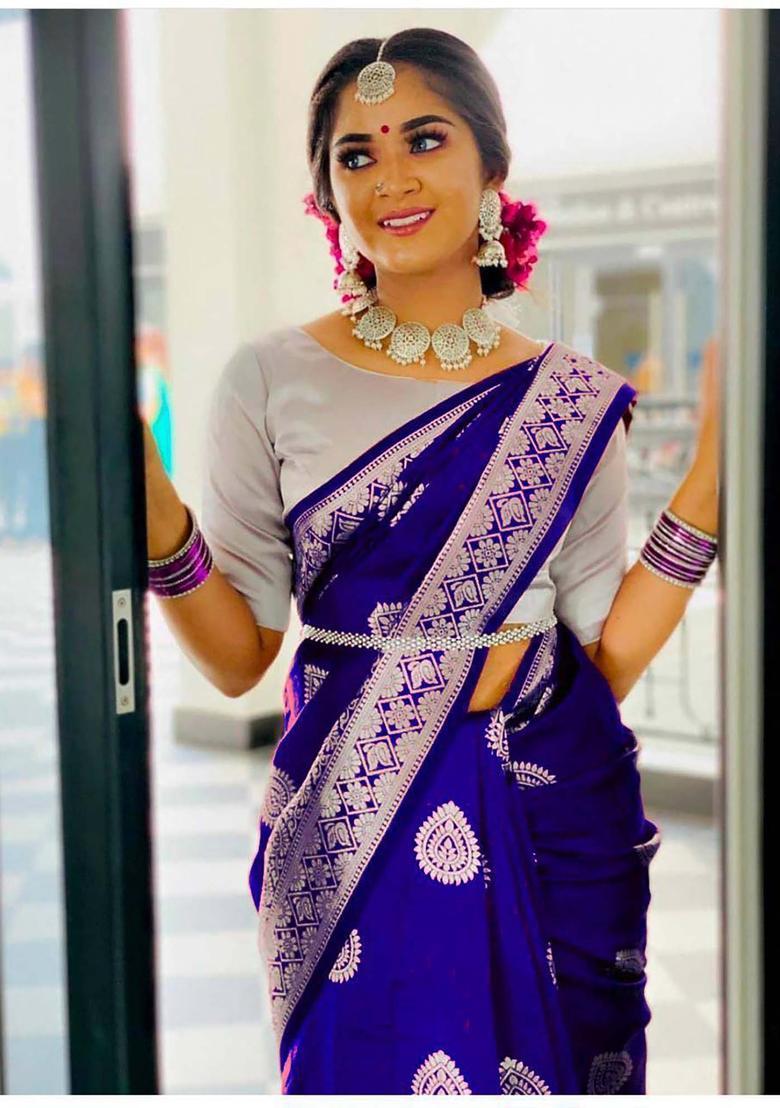 Navy Blue Woven Jacquard Saree Set - Indya