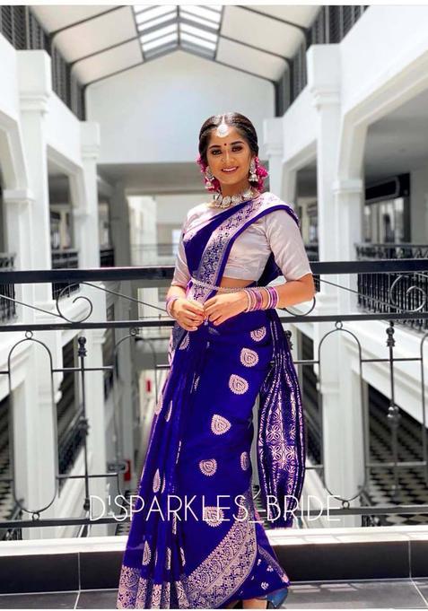 Navy Blue Woven Jacquard Saree Set