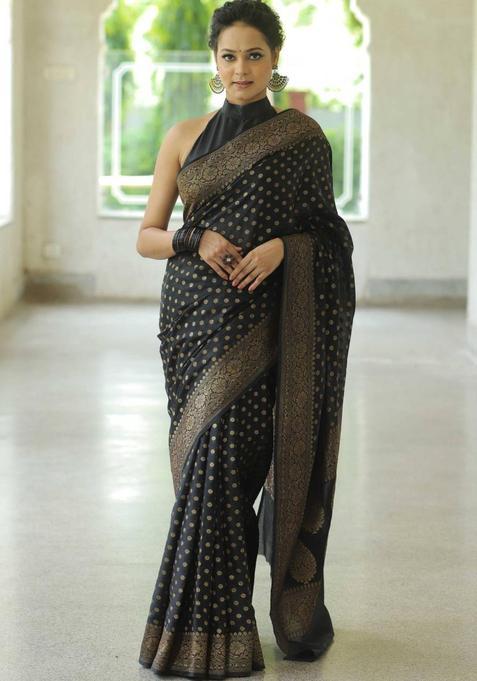 Black Woven Jacquard Saree Set