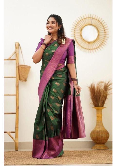 Green Woven Jacquard Saree Set