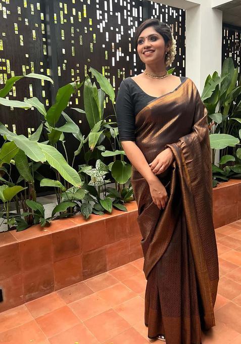 Brown Woven Jacquard Saree Set