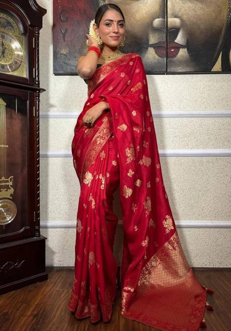 Red Woven Jacquard Saree Set