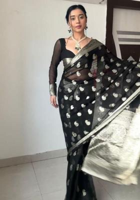 Black Printed Jacquard Saree Set