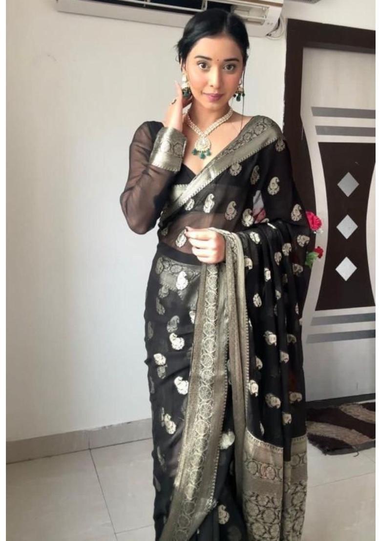 Black Printed Jacquard Saree Set - Indya