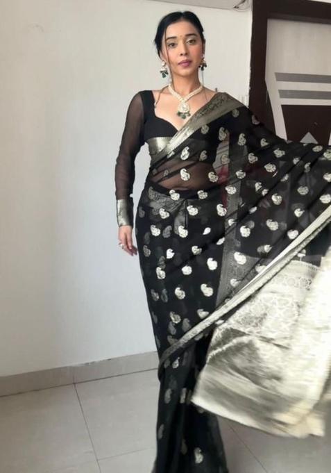 Black Printed Jacquard Saree Set