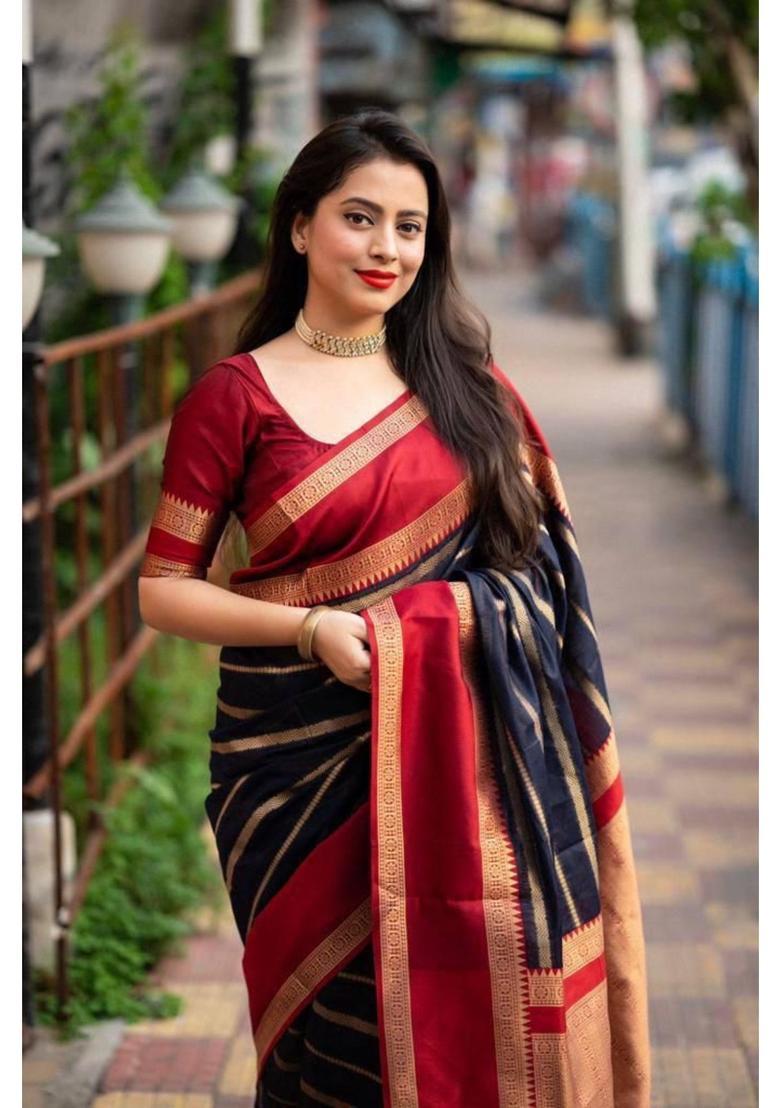 Navy Blue Printed Jacquard Saree Set - Indya