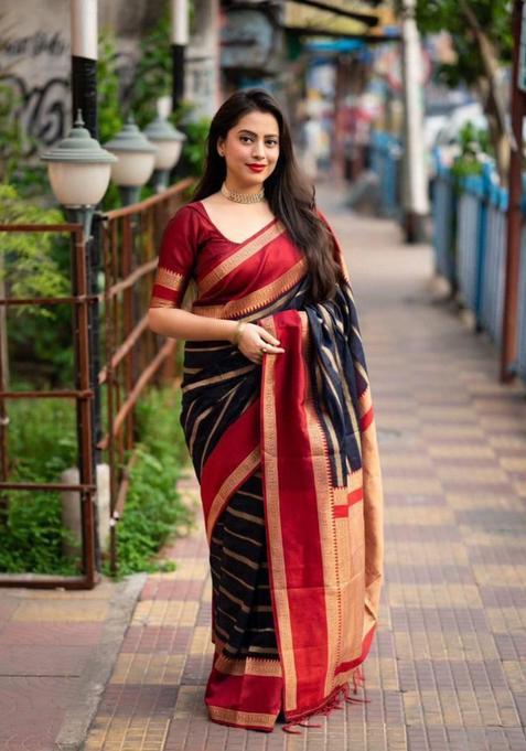 Navy Blue Printed Jacquard Saree Set